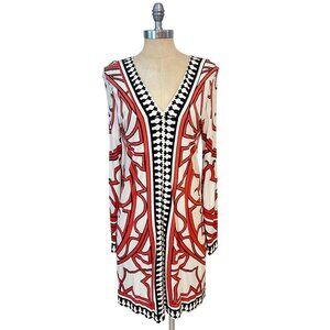 Nicole Miller Studio V-Neck Long Sleeve Geometric Print Dress Medium